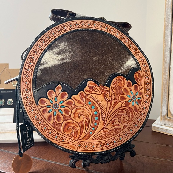 New Gift! Cowhide Round Hand Tooled Leather Myra Bag New crossbody wallet purse - Picture 4 of 10